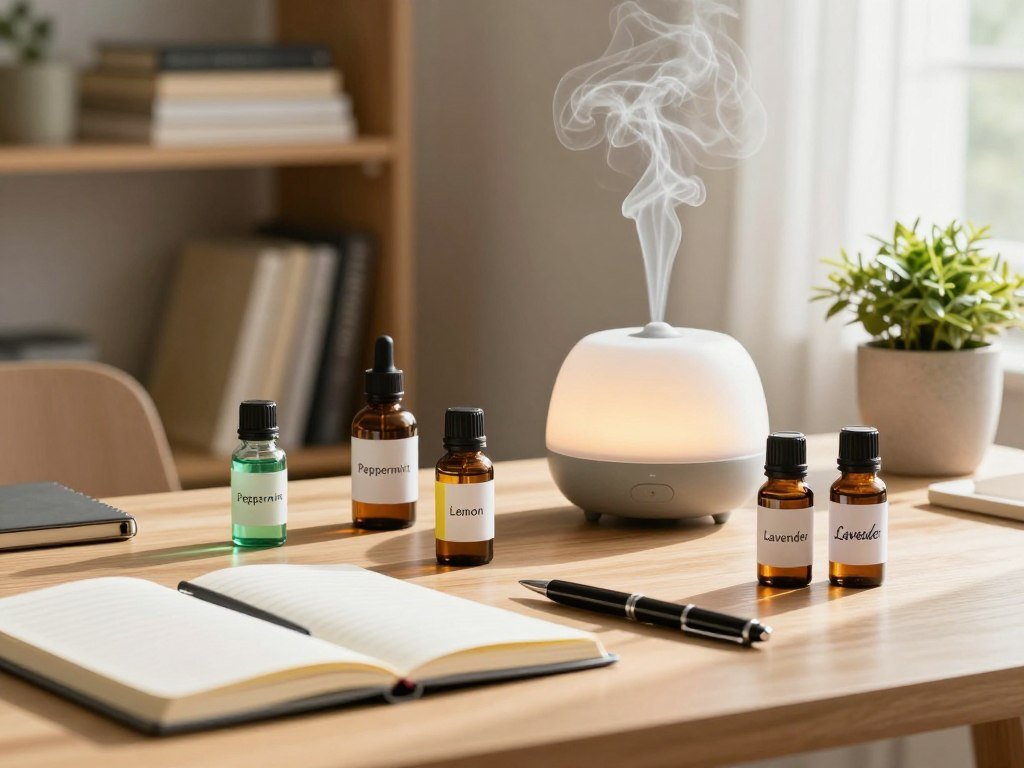 A beautifully arranged desk scene featuring various essential oil bottles in elegant glass containers, each labeled with names like "Peppermint," "Lemon," and "Lavender." The foreground showcases a stylish notebook and a sleek pen beside the oils, suggesting productivity. In the middle, a serene diffuser gently releases aromatic mist, with soft, diffused lighting illuminating the desk to create a warm, inviting atmosphere. The background includes a minimalistic bookshelf filled with neatly stacked books and a small, potted plant, bringing a touch of nature indoors. The overall mood is refreshing and focused, ideal for enhancing productivity and concentration, with warm sunlight filtering through a nearby window, casting gentle shadows. A beautifully arranged desk scene featuring various essential oil bottles in elegant glass containers, each labeled with names like "Peppermint," "Lemon," and "Lavender." The foreground showcases a stylish notebook and a sleek pen beside the oils, suggesting productivity. In the middle, a serene diffuser gently releases aromatic mist, with soft, diffused lighting illuminating the desk to create a warm, inviting atmosphere. The background includes a minimalistic bookshelf filled with neatly stacked books and a small, potted plant, bringing a touch of nature indoors. The overall mood is refreshing and focused, ideal for enhancing productivity and concentration, with warm sunlight filtering through a nearby window, casting gentle shadows.
