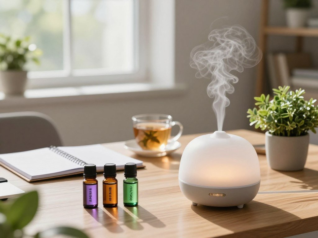 A beautifully arranged office desk featuring aromatherapy essentials to illustrate the topic of office aromatherapy mistakes. In the foreground, a sleek, modern diffuser emits a gentle mist surrounded by small bottles of essential oils like lavender, peppermint, and eucalyptus. The middle layer shows a soft, inviting workspace with a planner, a mug of herbal tea, and a small potted plant. In the background, a large window allows warm, natural light to flood the room, casting soft shadows and creating a tranquil atmosphere. The color palette includes soothing greens, soft browns, and gentle whites, evoking a calm mood. The lens captures the scene at eye level, emphasizing the organization and serenity of the workspace, creating an inviting environment for productivity. A beautifully arranged office desk featuring aromatherapy essentials to illustrate the topic of office aromatherapy mistakes. In the foreground, a sleek, modern diffuser emits a gentle mist surrounded by small bottles of essential oils like lavender, peppermint, and eucalyptus. The middle layer shows a soft, inviting workspace with a planner, a mug of herbal tea, and a small potted plant. In the background, a large window allows warm, natural light to flood the room, casting soft shadows and creating a tranquil atmosphere. The color palette includes soothing greens, soft browns, and gentle whites, evoking a calm mood. The lens captures the scene at eye level, emphasizing the organization and serenity of the workspace, creating an inviting environment for productivity.