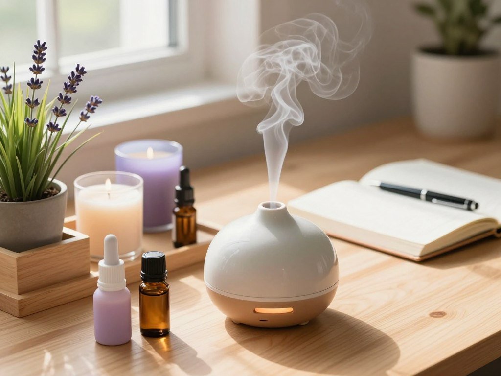 A beautifully organized desk scene featuring various scented desk essentials arranged in an aesthetic manner. In the foreground, display a stylish ceramic diffuser emitting wisps of aromatic vapor, surrounded by elegantly designed essential oil bottles in calming pastel colors. Include a neatly placed wooden desk organizer containing aromatic candles and a small potted plant with fragrant lavender. In the middle background, show a soft focus of an open notebook and a sleek pen, hinting at creativity and focus. The lighting is warm and inviting, simulating natural sunlight streaming through a nearby window. Capture a serene atmosphere that promotes relaxation and productivity, embodying the essence of aromatherapy in a professional setting. A beautifully organized desk scene featuring various scented desk essentials arranged in an aesthetic manner. In the foreground, display a stylish ceramic diffuser emitting wisps of aromatic vapor, surrounded by elegantly designed essential oil bottles in calming pastel colors. Include a neatly placed wooden desk organizer containing aromatic candles and a small potted plant with fragrant lavender. In the middle background, show a soft focus of an open notebook and a sleek pen, hinting at creativity and focus. The lighting is warm and inviting, simulating natural sunlight streaming through a nearby window. Capture a serene atmosphere that promotes relaxation and productivity, embodying the essence of aromatherapy in a professional setting.