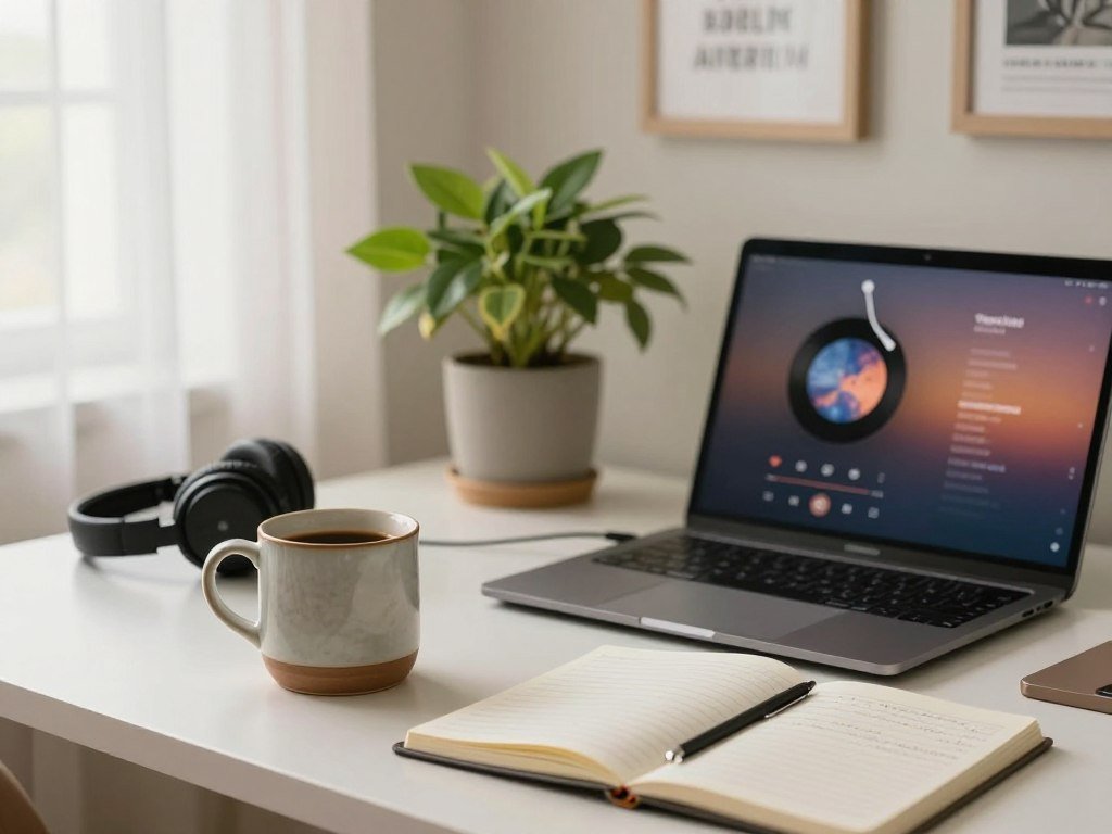 A cozy, well-organized workspace scene designed for productivity, featuring a modern desk with a sleek laptop, headphones, and a curated playlist of calming music visible on the screen. In the foreground, a stylish ceramic coffee mug sits next to an open notebook filled with neatly written notes. The middle ground showcases a vibrant indoor plant, contributing to a serene atmosphere. Soft, diffused lighting bathes the setting, creating a warm and inviting mood. In the background, a window with sheer curtains lets in gentle daylight, while a few motivational quotes are subtly framed on the walls. The overall ambiance is focused and tranquil, perfect for inspiring concentration and tailored for different work styles. A cozy, well-organized workspace scene designed for productivity, featuring a modern desk with a sleek laptop, headphones, and a curated playlist of calming music visible on the screen. In the foreground, a stylish ceramic coffee mug sits next to an open notebook filled with neatly written notes. The middle ground showcases a vibrant indoor plant, contributing to a serene atmosphere. Soft, diffused lighting bathes the setting, creating a warm and inviting mood. In the background, a window with sheer curtains lets in gentle daylight, while a few motivational quotes are subtly framed on the walls. The overall ambiance is focused and tranquil, perfect for inspiring concentration and tailored for different work styles.