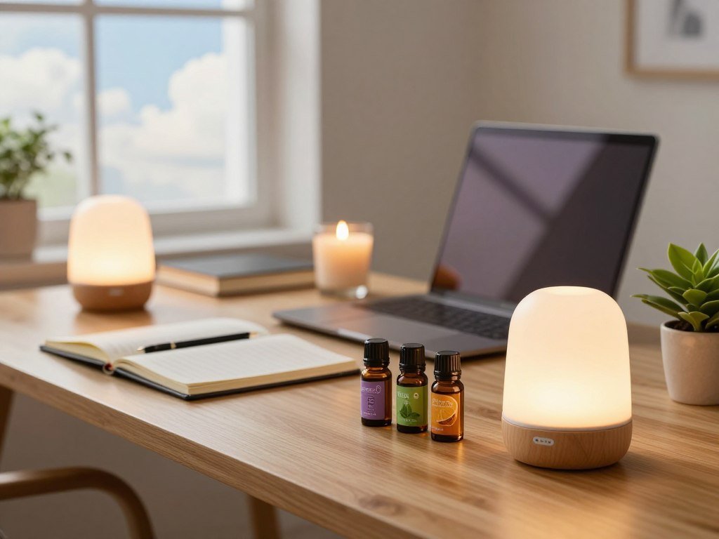 A serene desk setup illustrating desk aromatherapy hacks to boost mood. In the foreground, a sleek wooden desk features essential oil diffusers with glowing lights, small glass bottles of various essential oils like lavender, citrus, and peppermint, and an adorable indoor plant for a touch of greenery. The middle ground shows a well-organized workspace with notebooks, a stylish laptop, and a calming candle flickering softly. In the background, a sunlit window casts warm light, illuminating soft clouds and blue skies. The overall atmosphere is tranquil and refreshing, evoking feelings of calm and productivity, perfect for enhancing mood. Use soft focus with slight bokeh to emphasize the desk items. A serene desk setup illustrating desk aromatherapy hacks to boost mood. In the foreground, a sleek wooden desk features essential oil diffusers with glowing lights, small glass bottles of various essential oils like lavender, citrus, and peppermint, and an adorable indoor plant for a touch of greenery. The middle ground shows a well-organized workspace with notebooks, a stylish laptop, and a calming candle flickering softly. In the background, a sunlit window casts warm light, illuminating soft clouds and blue skies. The overall atmosphere is tranquil and refreshing, evoking feelings of calm and productivity, perfect for enhancing mood. Use soft focus with slight bokeh to emphasize the desk items.