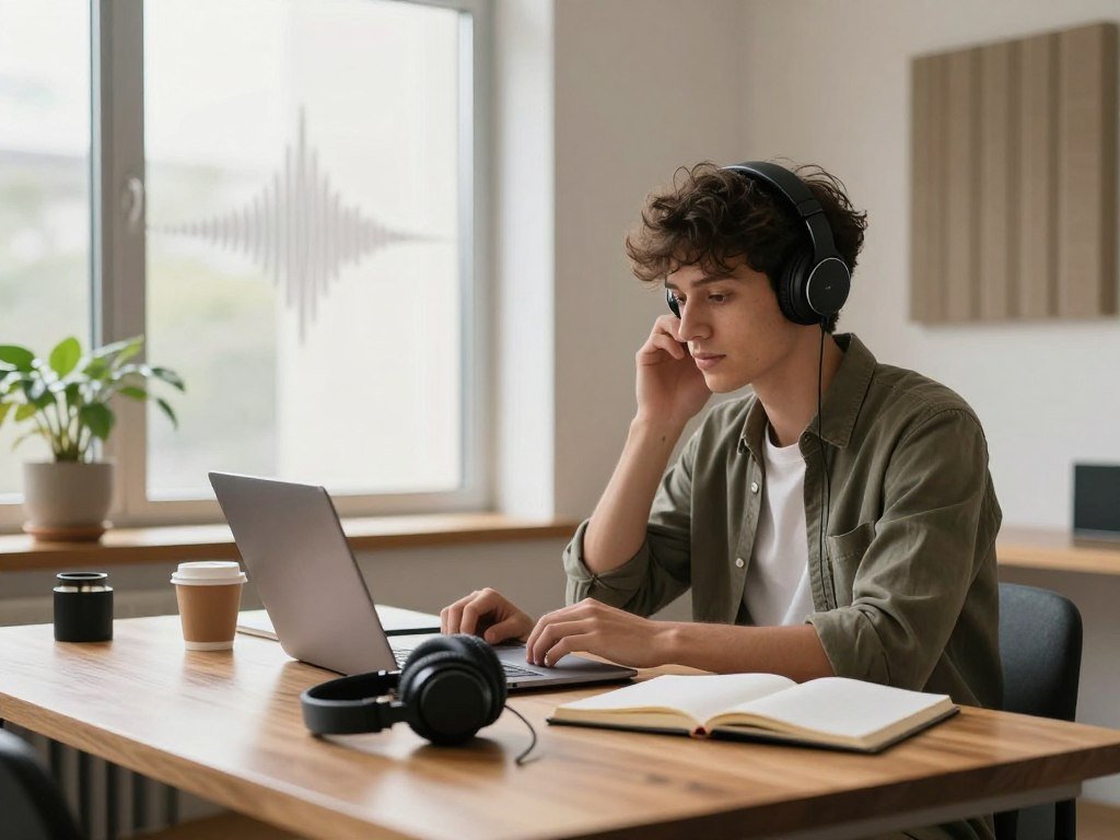 A serene study environment designed to enhance auditory focus features a young professional sitting at a sleek wooden desk, wearing smart casual attire. The foreground shows a pair of high-quality headphones resting beside a laptop, surrounded by open notebooks and a coffee cup. In the middle, a large window bathes the space in gentle, natural light, highlighting the textures of a potted plant and acoustic panels on the walls. In the background, soft abstract sound waves swirl harmoniously, representing the calming effect of music on concentration. The mood is tranquil yet energizing, suggesting a perfect blend of productivity and relaxation, with a warm color palette that invites deep focus. The image captures the essence of optimizing one's environment for enhanced auditory immersion without any distractions or clutter. A serene study environment designed to enhance auditory focus features a young professional sitting at a sleek wooden desk, wearing smart casual attire. The foreground shows a pair of high-quality headphones resting beside a laptop, surrounded by open notebooks and a coffee cup. In the middle, a large window bathes the space in gentle, natural light, highlighting the textures of a potted plant and acoustic panels on the walls. In the background, soft abstract sound waves swirl harmoniously, representing the calming effect of music on concentration. The mood is tranquil yet energizing, suggesting a perfect blend of productivity and relaxation, with a warm color palette that invites deep focus. The image captures the essence of optimizing one's environment for enhanced auditory immersion without any distractions or clutter.