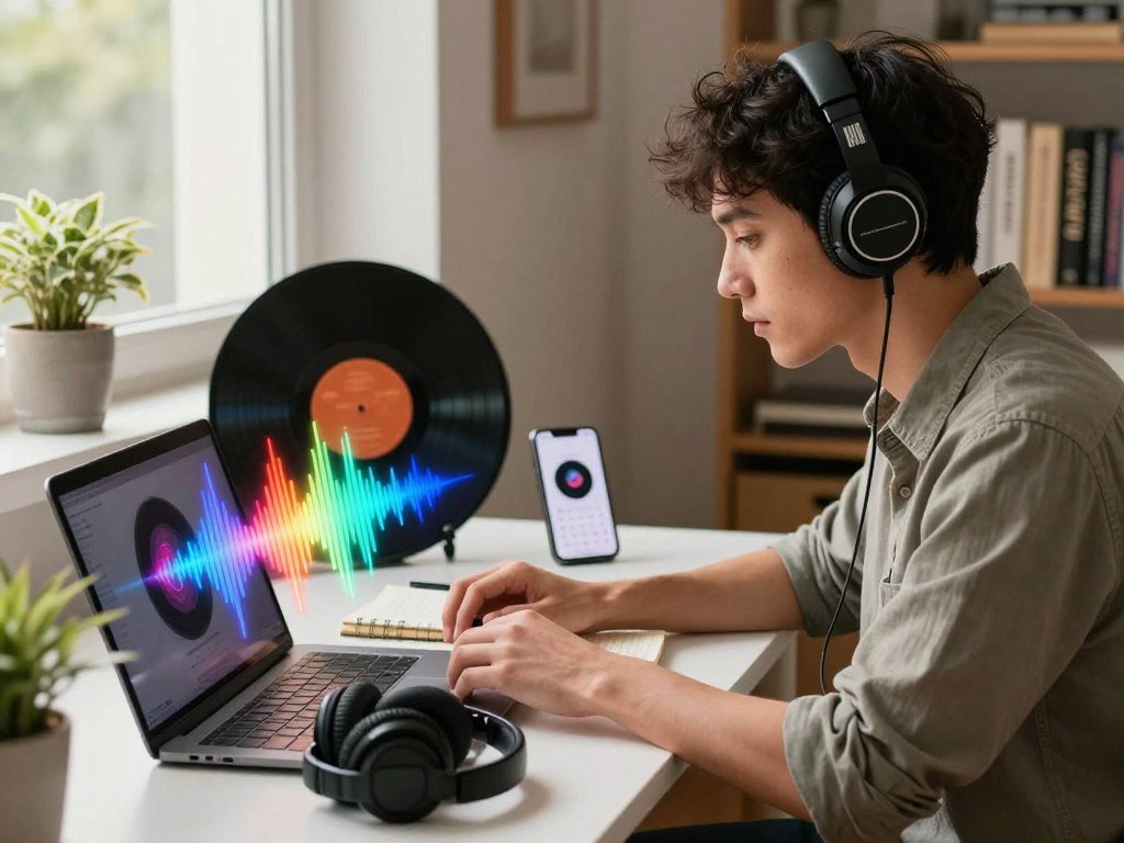 A serene workspace featuring a professional, focused individual wearing smart casual attire, sitting at a modern desk adorned with a laptop, notebook, and headphones. In the foreground, vibrant soundwave graphics emerge from the headphones, symbolizing immersive focus music. The middle ground showcases stylish vinyl records and a smartphone displaying an app with a playlist icon. The background features soft, warm lighting coming from a window, illuminating potted plants and bookshelves filled with motivational books. The atmosphere is calming and inviting, reinforcing a sense of concentration and creativity. The composition emphasizes clarity and organization, capturing the essence of curating a personal focus music playlist. A serene workspace featuring a professional, focused individual wearing smart casual attire, sitting at a modern desk adorned with a laptop, notebook, and headphones. In the foreground, vibrant soundwave graphics emerge from the headphones, symbolizing immersive focus music. The middle ground showcases stylish vinyl records and a smartphone displaying an app with a playlist icon. The background features soft, warm lighting coming from a window, illuminating potted plants and bookshelves filled with motivational books. The atmosphere is calming and inviting, reinforcing a sense of concentration and creativity. The composition emphasizes clarity and organization, capturing the essence of curating a personal focus music playlist.
