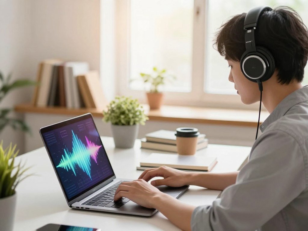 A serene workspace filled with natural light, featuring a person sitting at a desk, wearing smart casual attire, listening to music on high-quality headphones. The foreground showcases a laptop with vibrant soundwave graphics emanating from the screen, symbolizing focus and creativity. In the middle ground, a well-organized desk with books, a plant, and a coffee cup hints at productivity and comfort. The background displays a window revealing a bright day outside, suggesting inspiration and clarity. Soft lens effects add a warm glow, enhancing the atmosphere of concentration and tranquility. The overall mood is inviting and focused, embodying the essence of resetting one's mind through music. A serene workspace filled with natural light, featuring a person sitting at a desk, wearing smart casual attire, listening to music on high-quality headphones. The foreground showcases a laptop with vibrant soundwave graphics emanating from the screen, symbolizing focus and creativity. In the middle ground, a well-organized desk with books, a plant, and a coffee cup hints at productivity and comfort. The background displays a window revealing a bright day outside, suggesting inspiration and clarity. Soft lens effects add a warm glow, enhancing the atmosphere of concentration and tranquility. The overall mood is inviting and focused, embodying the essence of resetting one's mind through music.
