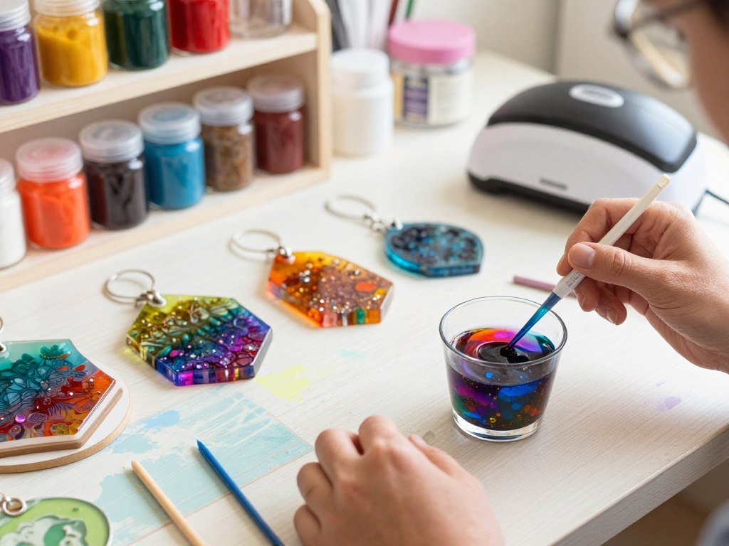 A brightly lit workspace brimming with creativity, showcasing an array of UV resin projects in various stages of completion. In the foreground, a pair of skilled hands apply vibrant pigments and glitter to a mix of resin in a clear cup, demonstrating the process of adding color. In the middle ground, several finished resin pieces, such as pendants and coasters, display intricate textures and a glossy finish, reflecting light beautifully. Various toolsβlike mixing sticks, pipettes, and a UV lampβare neatly arranged on a colorful, paint-spattered table. The background shows shelves filled with jars of pigments and supplies, softly blurred to keep focus on the resin work. The scene conveys a warm, inviting atmosphere, emphasizing creativity and craftsmanship in vibrant colors under soft, natural lighting. A brightly lit workspace brimming with creativity, showcasing an array of UV resin projects in various stages of completion. In the foreground, a pair of skilled hands apply vibrant pigments and glitter to a mix of resin in a clear cup, demonstrating the process of adding color. In the middle ground, several finished resin pieces, such as pendants and coasters, display intricate textures and a glossy finish, reflecting light beautifully. Various toolsβlike mixing sticks, pipettes, and a UV lampβare neatly arranged on a colorful, paint-spattered table. The background shows shelves filled with jars of pigments and supplies, softly blurred to keep focus on the resin work. The scene conveys a warm, inviting atmosphere, emphasizing creativity and craftsmanship in vibrant colors under soft, natural lighting.