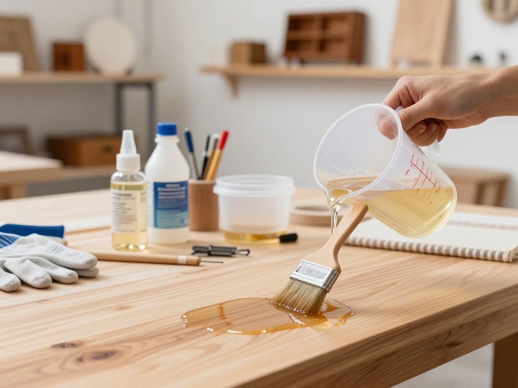 A clean, well-lit workshop environment featuring a professional applying a clear resin coating to a wooden surface. In the foreground, show the applicator carefully pouring resin from a measuring cup onto the wood, using a brush to smooth it out. In the middle ground, display a variety of tools and materials related to resin coating, such as both liquid resin and hardener, protective gloves, and a mixing container. The background should include shelves with finished resin-coated objects, like finished art pieces and furniture, under soft, ambient lighting for a bright and inviting atmosphere. Capture the scene with a slight depth of field to emphasize the resin application process, showcasing precision and craftsmanship in action.