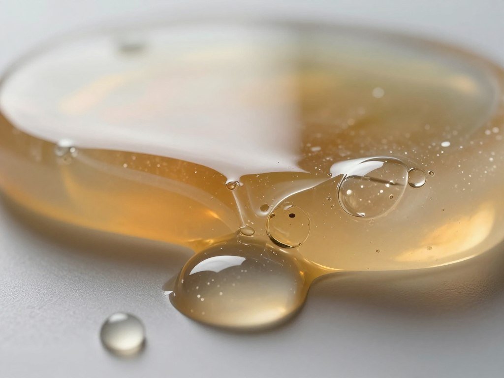 A close-up view of a beautifully poured casting resin, showcasing its unique characteristics. In the foreground, glossy droplets of resin pool on a smooth surface, reflecting light. The middle ground features a split view of the resin in various stages of curing — from liquid to semi-solid, with visible bubbles and clear color variations, displaying transparency and depth. In the background, soft gradient lighting enhances the translucence of the resin, creating an ethereal atmosphere. The overall mood is inviting and artistic, with a slight shimmer that highlights the clarity and detail of the material. This should be captured with a macro lens, warm lighting, and a shallow depth of field to draw attention to texture and color variations.