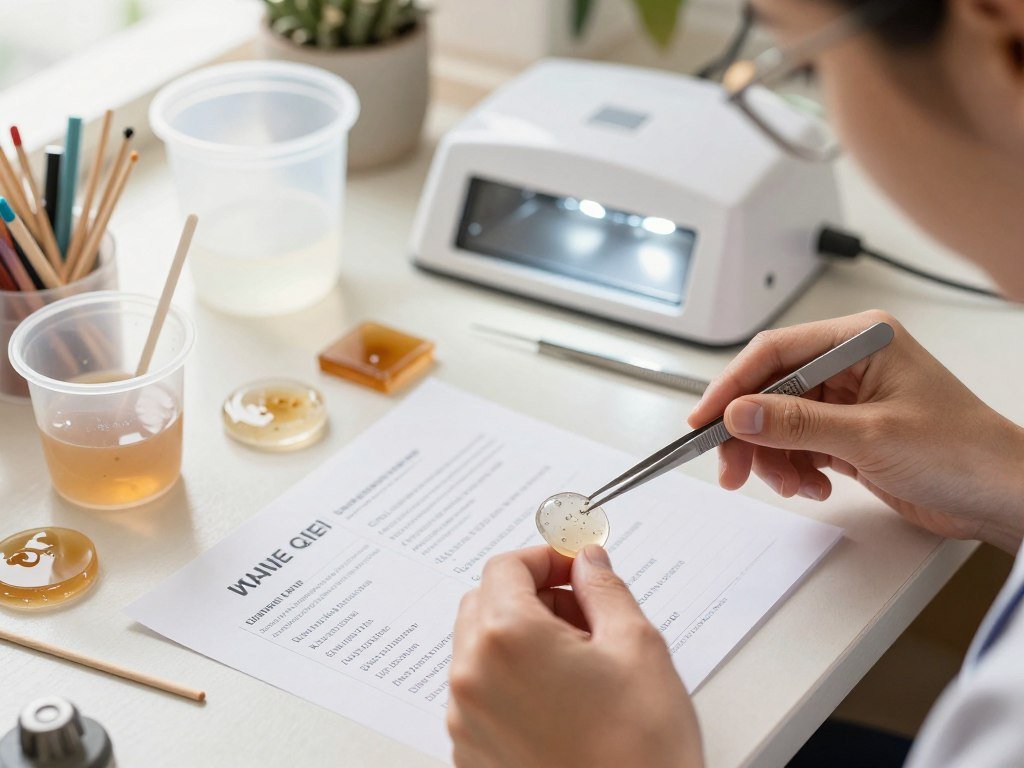 A close-up view of a well-organized UV resin workspace, featuring a table with various UV resin tools including a mixing cup, stirring sticks, and a UV light lamp. In the foreground, a person in professional attire is carefully examining a small resin piece with bubbles, using tweezers to remove imperfections. The middle layer shows a selection of common issues like sticky resin, cured resin with dust particles, and a printed troubleshooting checklist about UV resin mistakes. In the background, soft, natural lighting illuminates the space, creating a warm and inviting atmosphere, while a clear focus emphasizes the details of the resin and tools. Captured with a shallow depth of field to draw attention to the troubleshooting process, the image conveys a sense of diligence and professionalism in crafting with UV resin. A close-up view of a well-organized UV resin workspace, featuring a table with various UV resin tools including a mixing cup, stirring sticks, and a UV light lamp. In the foreground, a person in professional attire is carefully examining a small resin piece with bubbles, using tweezers to remove imperfections. The middle layer shows a selection of common issues like sticky resin, cured resin with dust particles, and a printed troubleshooting checklist about UV resin mistakes. In the background, soft, natural lighting illuminates the space, creating a warm and inviting atmosphere, while a clear focus emphasizes the details of the resin and tools. Captured with a shallow depth of field to draw attention to the troubleshooting process, the image conveys a sense of diligence and professionalism in crafting with UV resin.