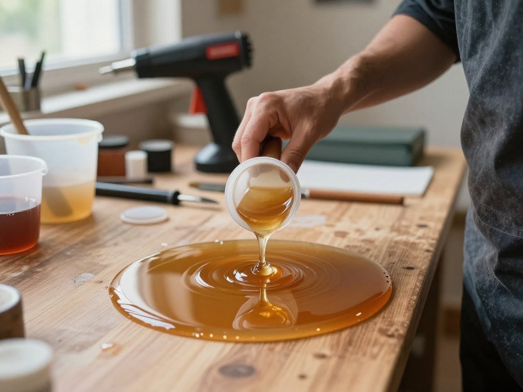 A dynamic and detailed image of the resin coating process. In the foreground, a clear epoxy resin is being poured from a small container onto a wooden surface, showcasing its glossy texture. In the middle, a person in professional clothing is carefully spreading the resin with a spatula, ensuring an even application. The workbench is cluttered with tools and materials like mixing cups and a heat gun. In the background, soft natural light illuminates the workspace, creating a warm and inviting atmosphere. The camera angle is slightly above eye level, focused on the resin and the applicator, with a shallow depth of field blurring the background. Overall, the mood is focused and industrious, capturing the essence of mastering the resin coating process.