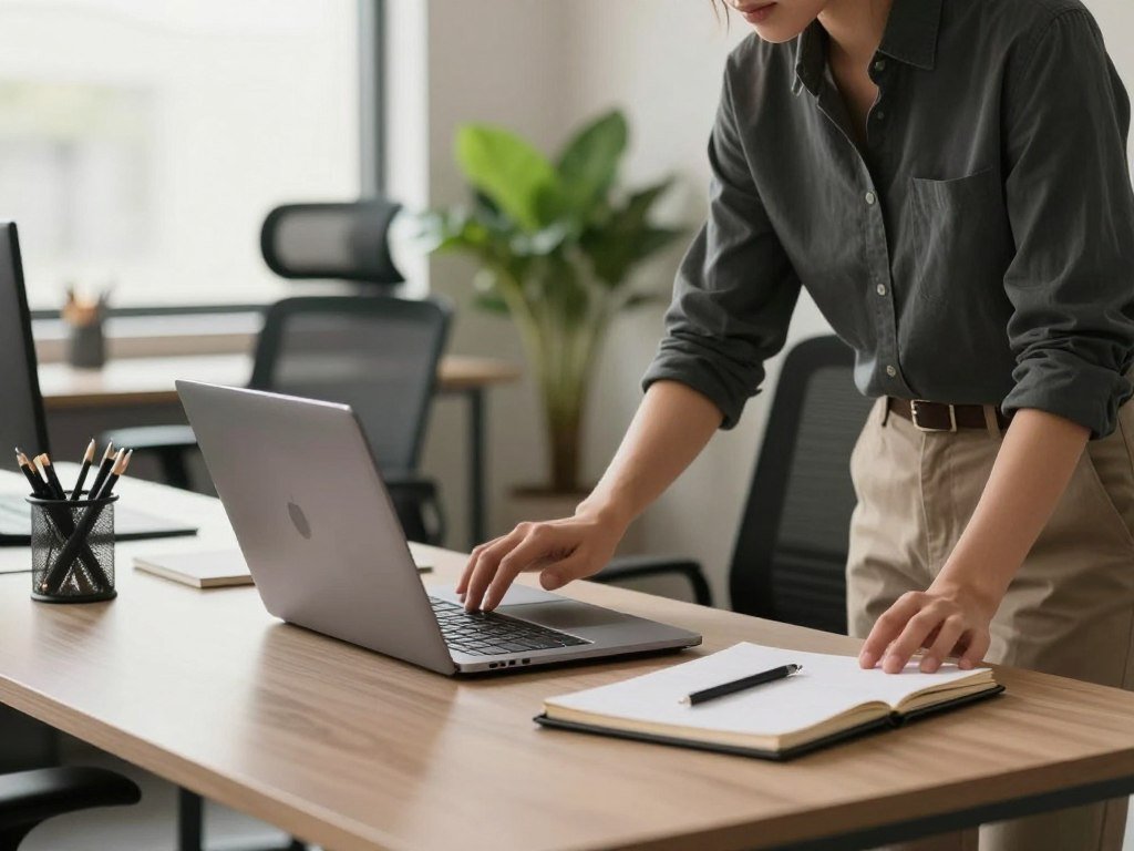 A modern and efficient workspace designed for productivity, featuring a sleek desk with a minimalist aesthetic. In the foreground, there is a stylish laptop, a notepad, and a well-organized pen holder. The middle ground shows ergonomic office chairs and a vibrant indoor plant, adding a touch of greenery. The background includes large windows letting in soft, natural light, highlighting the clean, uncluttered atmosphere. The scene conveys a calm and focused mood, suitable for deep concentration, with warm tones and a subtle depth of field effect. A professional individual dressed in smart casual attire is thoughtfully organizing their workspace, emphasizing the theme of workspace optimization.