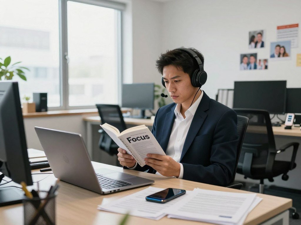 A modern office environment filled with distractions, featuring a cluttered desk with a laptop, papers, and a smartphone buzzing with notifications in the foreground. In the middle ground, a focused individual in smart business attire, sitting upright and wearing headphones that block out noise while intensely concentrating on a book titled "Focus". The background showcases bright, natural light streaming in through large windows, illuminating the chaotic atmosphere of the workspace with signs of distraction like family photos and digital devices. The image conveys a mood of clarity and determination amidst the surrounding chaos, emphasizing the contrast between focus and distractions. The angle captures both the individual’s serious expression and the surrounding chaos, inviting viewers to reflect on the relationship between focus and distractions.