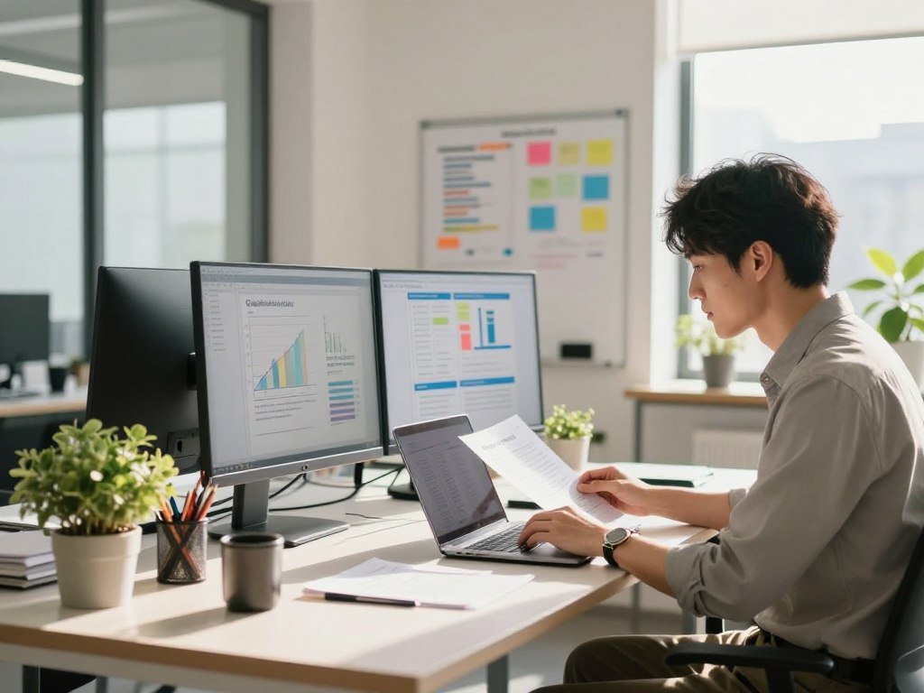 A modern, well-organized workspace focused on optimization, featuring a sleek desk with a dual-monitor setup, neatly arranged stationery, and plants for a touch of greenery. In the foreground, a professional individual, dressed in smart casual attire, is reviewing documents and typing on a laptop, embodying focus and productivity. In the middle ground, a whiteboard filled with colorful graphs and goal-setting notes illustrates ongoing projects and priorities. The background showcases a bright, airy office space with large windows allowing natural light to flood in, casting soft shadows and creating a warm, inviting atmosphere. The overall mood is one of clarity, focus, and inspiration, emphasizing the importance of refining one’s work system for improved productivity.