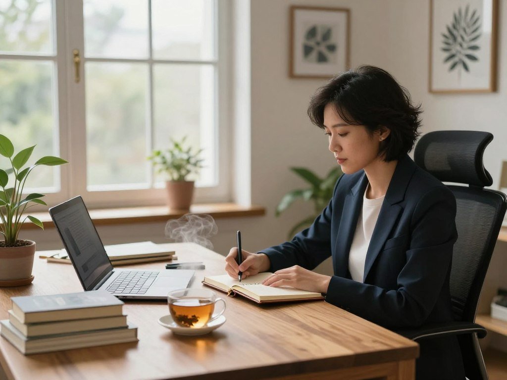 A serene workspace set for deep work techniques, featuring a well-organized wooden desk adorned with a closed laptop, a stack of books on productivity, and a steaming cup of herbal tea. In the foreground, include a focused individual in professional attire, sitting comfortably on an ergonomic chair, with a thoughtful expression as they jot down notes in a leather-bound notebook. The middle ground showcases a large window with soft, natural light filtering in, creating a warm atmosphere. The background reveals a minimalist yet inspiring decor with indoor plants and motivational artwork framed on the walls. The overall mood is one of calm concentration and intentionality, emphasizing the importance of establishing a ritual for productive work sessions. The lighting is soft and inviting, enhancing the tranquil yet focused environment.
