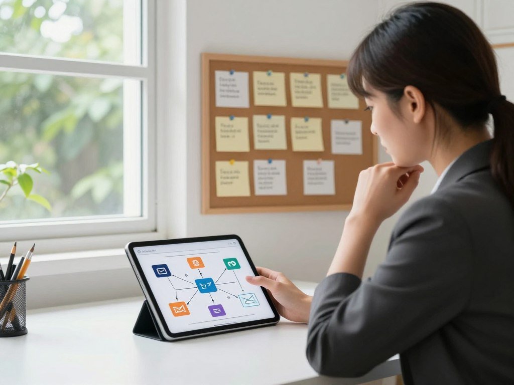 A serene workspace set in a bright, airy room illuminated by soft, natural light filtering through large windows. In the foreground, a woman in professional attire sits at a tidy desk, thoughtfully examining a flowchart displayed on a tablet. The chart visually represents various distractions such as social media icons, notifications, and email alerts. In the middle ground, a corkboard is mounted on the wall, filled with pinned reminders and strategies to combat distractions, creating an organized yet dynamic visual element. The background features lush greenery outside the window, symbolizing clarity and focus. The overall mood is calm and introspective, conveying a sense of purpose and determination to identify and eliminate distractions. The image captures a moment of self-reflection and proactive planning in the pursuit of personal productivity.