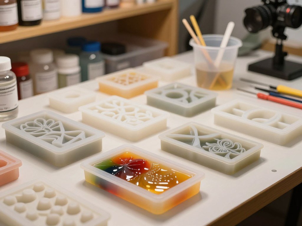 A set of various resin casting molds positioned elegantly on a clean workbench, showcasing intricate designs such as geometric shapes, flowers, and abstract forms. In the foreground, focus on a clear silicone mold filled partially with vibrant, colored resin, highlighting the texture and depth. In the middle ground, include additional molds of different sizes and shapes, neatly arranged alongside mixing cups and stirring sticks. The background should feature softly blurred shelves stocked with resin supplies and tools, creating an organized and professional workspace atmosphere. Warm, diffused lighting enhances the glossy finish of the molds and resin, while an overhead camera angle captures the whole scene, inviting a sense of creativity and precision in resin crafting.
