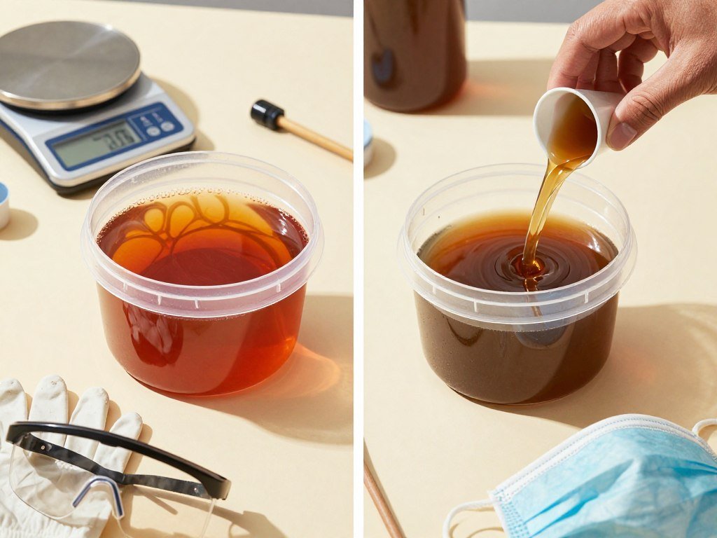 A split image illustrating the contrast between epoxy resin and polyurethane resin casting, with the left side showcasing a clean, organized workspace featuring vibrant epoxy resin being mixed in a clear container with intricate patterns forming as it hardens. On the right, depict polyurethane resin in an equally tidy environment, showcasing a different texture and color as it's poured into a mold. In the foreground, include safety gear like gloves, goggles, and masks to emphasize safety protocols. The background should display informative tools like scales and mixing sticks, under warm, natural lighting to create an inviting atmosphere. Capture the scene from a slightly elevated angle for depth, without any text or distractions in the image.