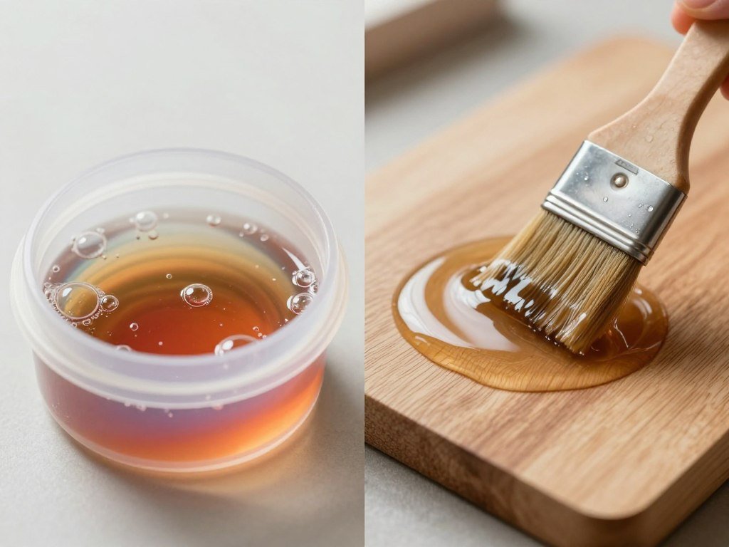 A split-screen image showcasing the contrast between casting and coating resin. In the foreground, depict two distinct setups: on the left, a clear silicone mold filled with vibrant liquid casting resin, showcasing bubbles and colors swirling inside, illuminated by soft, natural light to highlight clarity and depth. On the right, display a wooden surface being coated with a glossy layer of resin, capturing the smooth application process with a brush, textured wood grain visible underneath. The background should be neutral to emphasize the foreground subject, with subtle gradients. The mood conveys a sense of creativity and craftsmanship, with an artistic yet professional atmosphere. Use a shallow depth of field for a focused view on the resin aspects, ensuring no text or branding is present.
