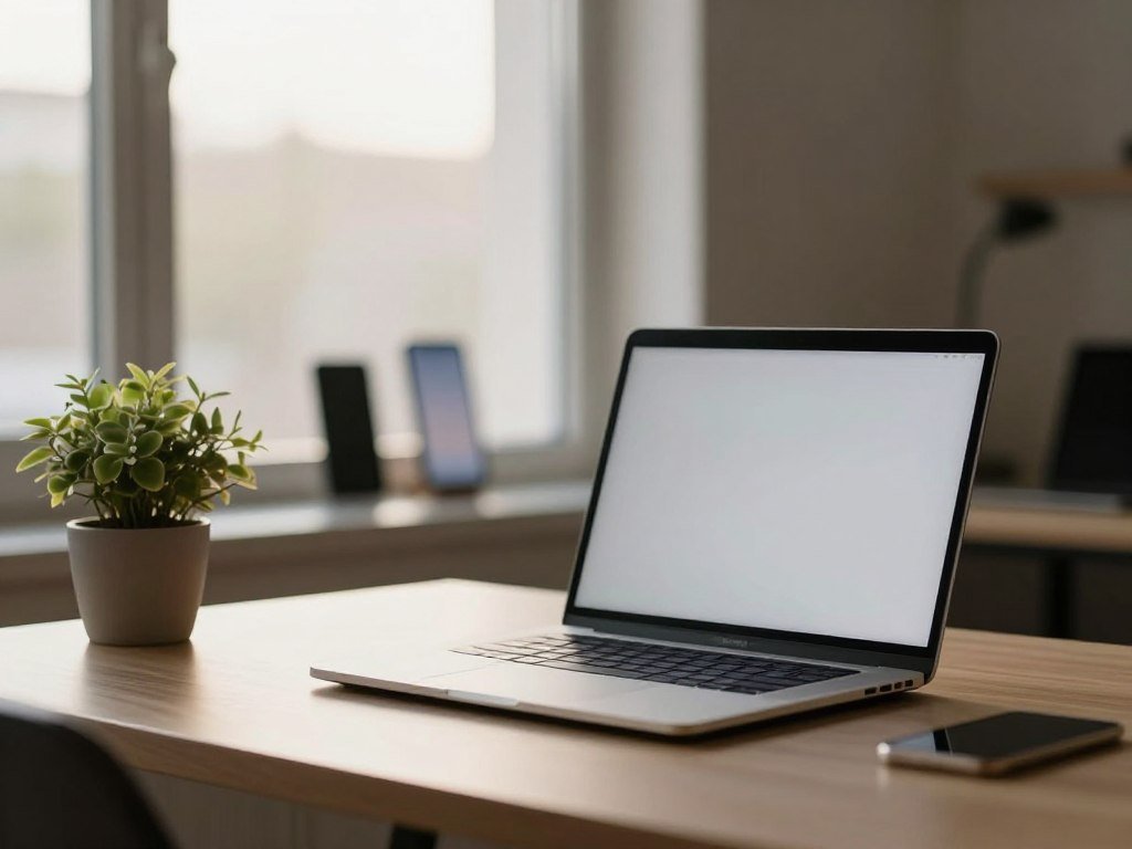 A tranquil workspace representing digital minimalism, featuring a sleek, uncluttered desk with a single laptop open to a serene screen. In the foreground, a potted plant adds a touch of nature, symbolizing growth and resilience. The middle section showcases a soft, diffused light coming from a large window, casting gentle shadows and creating an inviting atmosphere. In the background, blurred outlines of abstract digital devices (like smartphones and tablets) are subtly integrated, suggesting distractions without overwhelming the scene. The overall mood is calming and focused, emphasizing simplicity, clarity, and the importance of a distraction-free environment. Use a shallow depth of field with a warm color palette to enhance the sense of serenity.