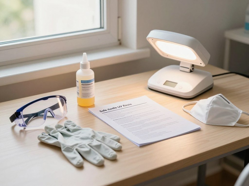 A well-lit workspace showcasing essential safety precautions for working with UV resin. In the foreground, a neatly organized table displays safety gear: protective gloves, goggles, and a mask. The middle layer features a bottle of UV resin and a UV light lamp, paired with an instruction sheet about safe handling. In the background, a bright window allows natural light to illuminate the space, creating a warm, inviting atmosphere. The scene is devoid of any clutter, emphasizing a professional setting. Use soft, natural lighting to enhance the clarity of the objects and set a calm, safe mood. Capture the image from a slightly elevated angle to provide a comprehensive view of the safety precautions in place. A well-lit workspace showcasing essential safety precautions for working with UV resin. In the foreground, a neatly organized table displays safety gear: protective gloves, goggles, and a mask. The middle layer features a bottle of UV resin and a UV light lamp, paired with an instruction sheet about safe handling. In the background, a bright window allows natural light to illuminate the space, creating a warm, inviting atmosphere. The scene is devoid of any clutter, emphasizing a professional setting. Use soft, natural lighting to enhance the clarity of the objects and set a calm, safe mood. Capture the image from a slightly elevated angle to provide a comprehensive view of the safety precautions in place.