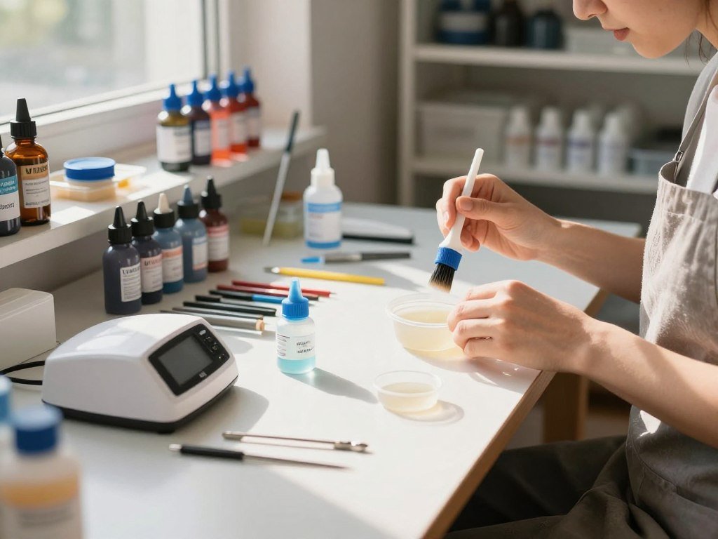 A well-organized UV resin tool maintenance station in a bright, sunlit workshop. In the foreground, focus on a clean workbench displaying various UV resin tools like applicators, mixing cups, and a UV lamp, all meticulously arranged. The middle part of the image shows a person in modest casual clothing carefully cleaning a resin applicator with a brush, demonstrating proper maintenance techniques. In the background, shelves lined with neatly organized UV resin bottles and safety gear cast soft shadows in the warm sunlight pouring through a window. The atmosphere is inviting and professional, highlighting the importance of maintaining tools for optimal resin application. Use a shallow depth of field to emphasize the foreground elements while keeping the background slightly blurred. A well-organized UV resin tool maintenance station in a bright, sunlit workshop. In the foreground, focus on a clean workbench displaying various UV resin tools like applicators, mixing cups, and a UV lamp, all meticulously arranged. The middle part of the image shows a person in modest casual clothing carefully cleaning a resin applicator with a brush, demonstrating proper maintenance techniques. In the background, shelves lined with neatly organized UV resin bottles and safety gear cast soft shadows in the warm sunlight pouring through a window. The atmosphere is inviting and professional, highlighting the importance of maintaining tools for optimal resin application. Use a shallow depth of field to emphasize the foreground elements while keeping the background slightly blurred.