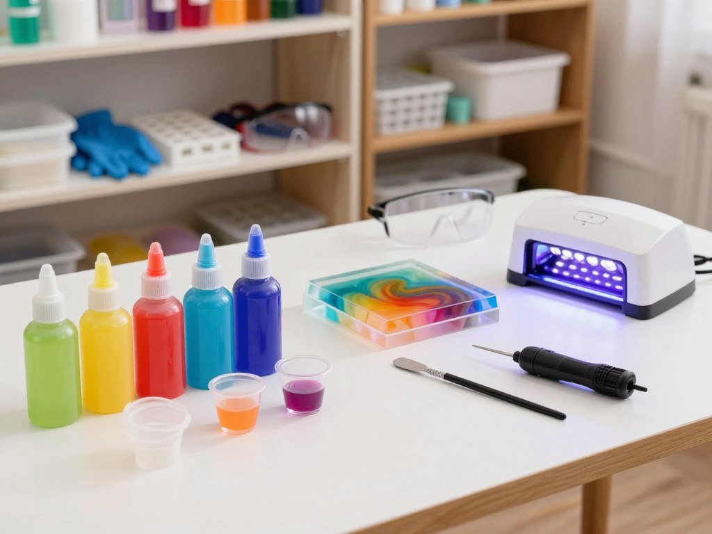 A well-organized workspace featuring a step-by-step guide on using UV resin. In the foreground, a workstation showcases a selection of colorful UV resin bottles, small mixing cups, and various tools like a spatula and a UV light. The middle ground includes a partially completed resin casting project, beautifully displaying vibrant swirls of color. In the background, shelves are filled with neatly arranged supplies such as gloves, safety goggles, and molds. The lighting is bright and focused, highlighting the workspace with a clean, inviting atmosphere. The angle is slightly overhead, capturing the detail of the process while maintaining a professional and educational mood. The image should feel informative and encouraging, ideal for a DIY enthusiast. A well-organized workspace featuring a step-by-step guide on using UV resin. In the foreground, a workstation showcases a selection of colorful UV resin bottles, small mixing cups, and various tools like a spatula and a UV light. The middle ground includes a partially completed resin casting project, beautifully displaying vibrant swirls of color. In the background, shelves are filled with neatly arranged supplies such as gloves, safety goggles, and molds. The lighting is bright and focused, highlighting the workspace with a clean, inviting atmosphere. The angle is slightly overhead, capturing the detail of the process while maintaining a professional and educational mood. The image should feel informative and encouraging, ideal for a DIY enthusiast.