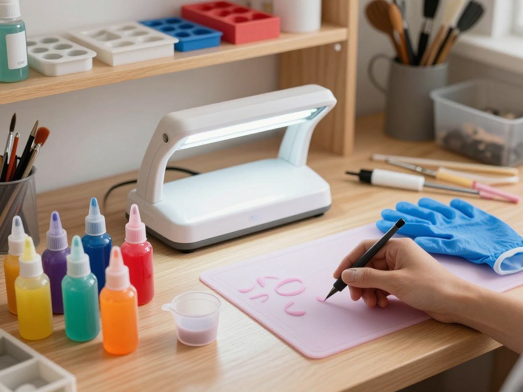 A well-organized workspace showcasing essential tools for beginners working with UV resin. In the foreground, a collection of vibrant UV resin bottles in different colors, small measuring cups, and a precision applicator tool. In the middle ground, a UV lamp illuminating the setup, with gloves and a silicone mat for easy clean-up placed strategically. The background features shelves with various molds and equipment neatly arranged. Soft, natural lighting to enhance the colors and textures, with a focus on a warm and inviting atmosphere. The image should be captured from a slightly elevated angle, offering a comprehensive view of the entire workspace while ensuring clarity and sharpness in the details. A well-organized workspace showcasing essential tools for beginners working with UV resin. In the foreground, a collection of vibrant UV resin bottles in different colors, small measuring cups, and a precision applicator tool. In the middle ground, a UV lamp illuminating the setup, with gloves and a silicone mat for easy clean-up placed strategically. The background features shelves with various molds and equipment neatly arranged. Soft, natural lighting to enhance the colors and textures, with a focus on a warm and inviting atmosphere. The image should be captured from a slightly elevated angle, offering a comprehensive view of the entire workspace while ensuring clarity and sharpness in the details.